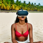 **Image Prompt:** A diverse group of people participating in a virtual reality pain management session, set in a serene beach environment. Focus on the technology (VR headsets) and the expressions of relaxation and relief on their faces.