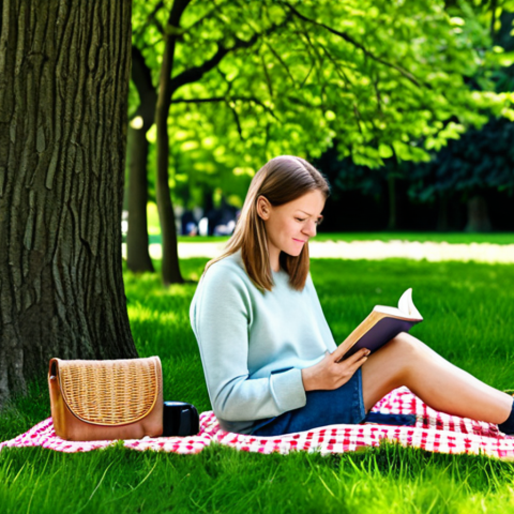 Digital Detox**
Prompt: "A woman enjoying a picnic in a sunny park, fully clothed in comfortable clothing, reading a book, phone turned off beside her, surrounded by green trees, safe for work, appropriate content, perfect anatomy, natural proportions, family-friendly, professional photography, vibrant colors."
**