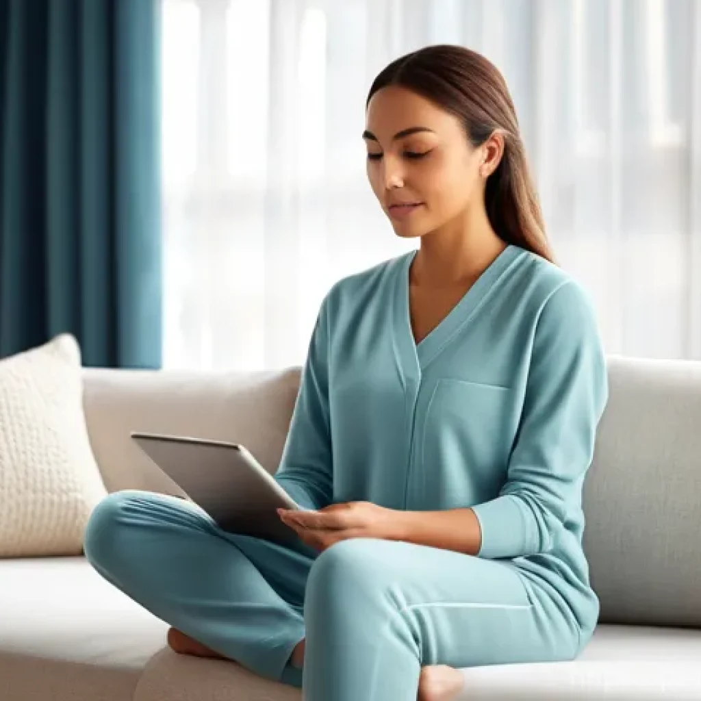 디지털 페인 관리와 코칭 프로그램 - **Prompt 1: Serene Digital Pain Management at Home**
    A high-definition, realistic image featurin...