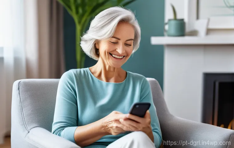 디지털 페인 관리의 사용자 경험 향상 방법 - **Prompt:** A serene, middle-aged woman with a gentle smile is comfortably seated on a plush armchai...