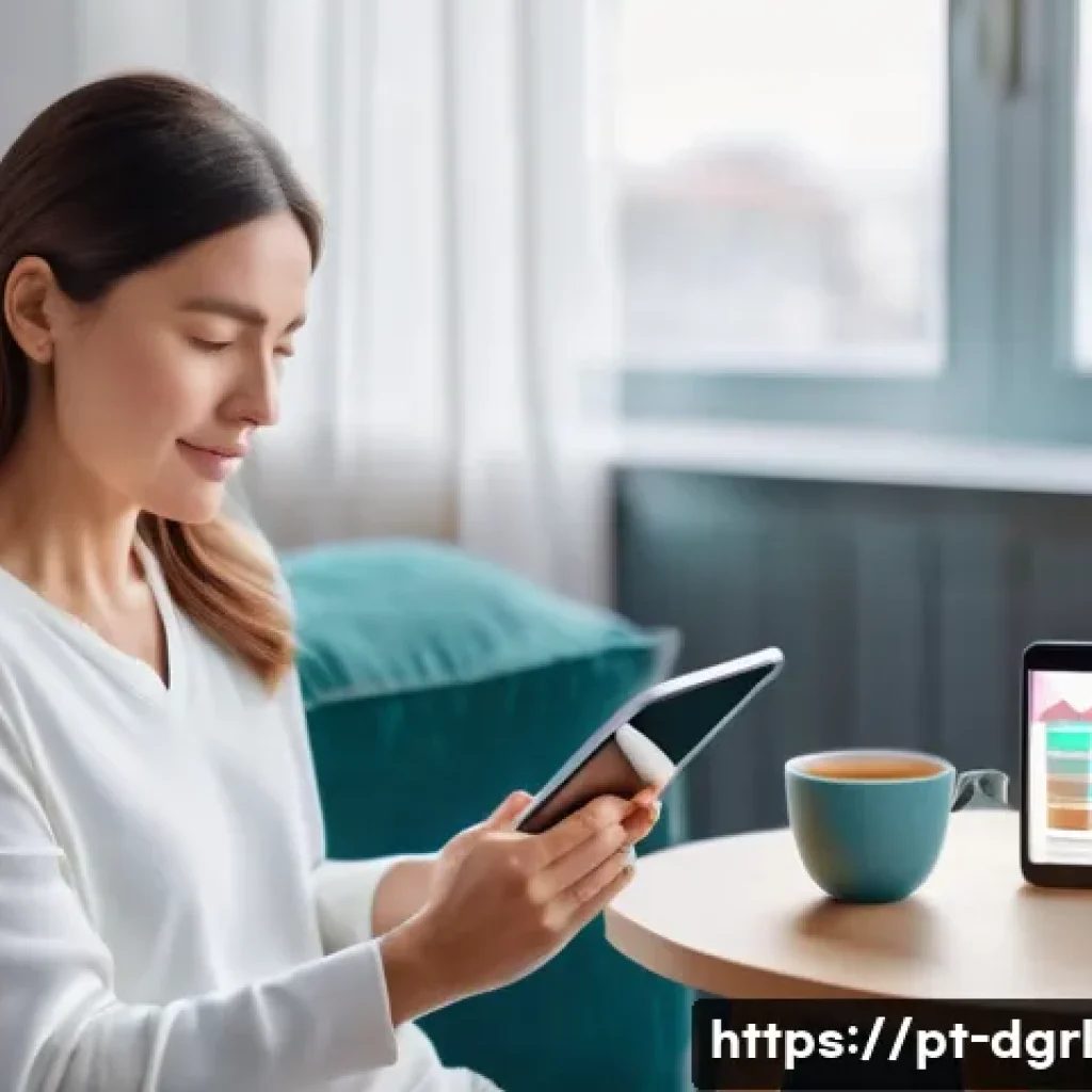 디지털 페인 관리 기술의 발전 방향 - **Prompt 1: Personalized Pain Monitoring with Wearables**
"A serene adult woman in her late 30s,...