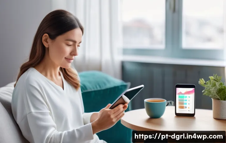 디지털 페인 관리 기술의 발전 방향 - **Prompt 1: Personalized Pain Monitoring with Wearables**
"A serene adult woman in her late 30s,...