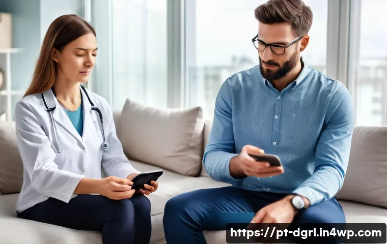 디지털 페인 관리에서의 데이터 분석 기법 - A modern healthcare scene showing a diverse group of adult patients using wearable devices like smar...