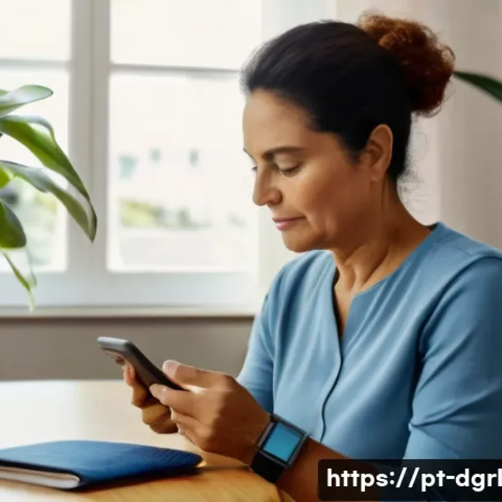 디지털 페인 관리와 헬스케어 혁신 - A middle-aged Brazilian woman wearing casual clothing and a smartwatch on her wrist, sitting comfort...