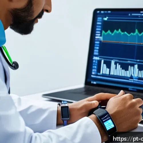 Home 33 디지털 페인 관리에서의 클라우드 솔루션 활용 - A modern healthcare professional wearing a sleek smart wristband and multiple wearable sensors on th...