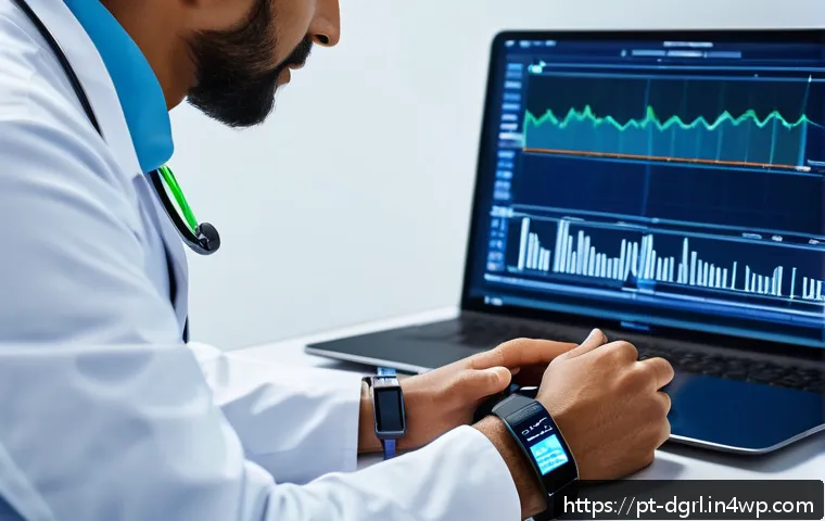 디지털 페인 관리에서의 클라우드 솔루션 활용 - A modern healthcare professional wearing a sleek smart wristband and multiple wearable sensors on th...