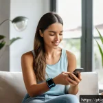 Home 20 디지털 페인 관리의 심리적 효과 - A modern Brazilian woman in her 30s using a sleek wearable health device on her wrist, sitting comfo...