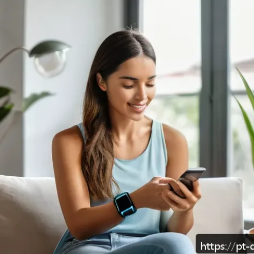 Home 32 디지털 페인 관리의 심리적 효과 - A modern Brazilian woman in her 30s using a sleek wearable health device on her wrist, sitting comfo...