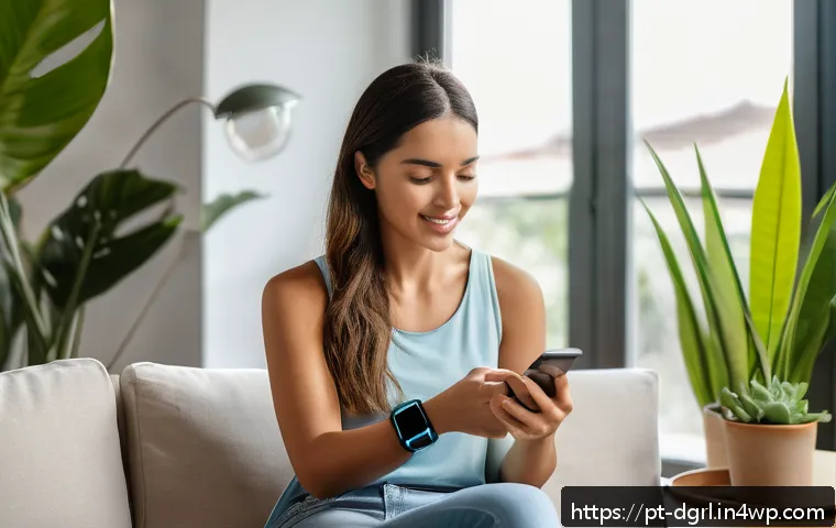 디지털 페인 관리의 심리적 효과 - A modern Brazilian woman in her 30s using a sleek wearable health device on her wrist, sitting comfo...