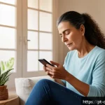 Home 19 디지털 페인 관리의 모바일 솔루션 - A middle-aged Brazilian woman sitting comfortably at home using a smartphone app to log chronic pain...