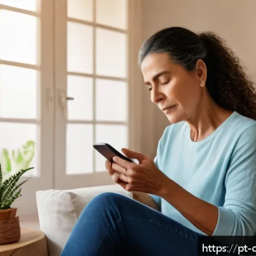 Home 31 디지털 페인 관리의 모바일 솔루션 - A middle-aged Brazilian woman sitting comfortably at home using a smartphone app to log chronic pain...