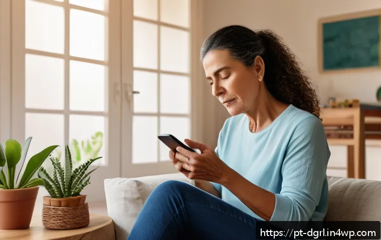디지털 페인 관리의 모바일 솔루션 - A middle-aged Brazilian woman sitting comfortably at home using a smartphone app to log chronic pain...