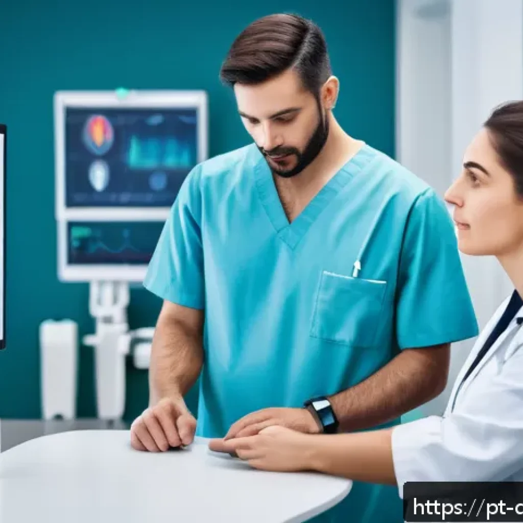 디지털 페인 관리에서 AI 기술의 역할 - A modern medical clinic room featuring a diverse adult patient wearing smart wearable devices such a...