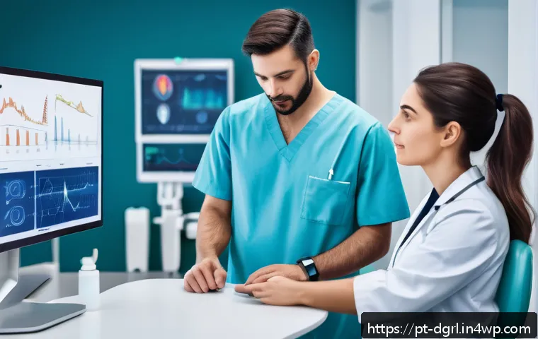 디지털 페인 관리에서 AI 기술의 역할 - A modern medical clinic room featuring a diverse adult patient wearing smart wearable devices such a...